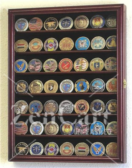 49 Challenge Coin Display Case Cabinet Cherry - Click Image to Close