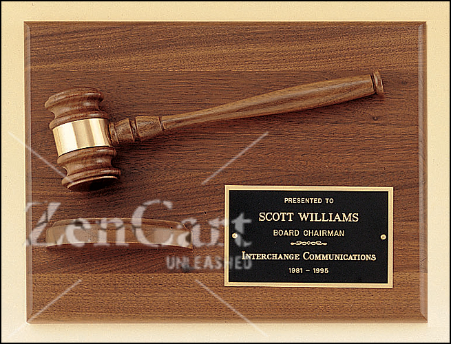 9" X 12" American walnut plaque with walnut gavel - Click Image to Close