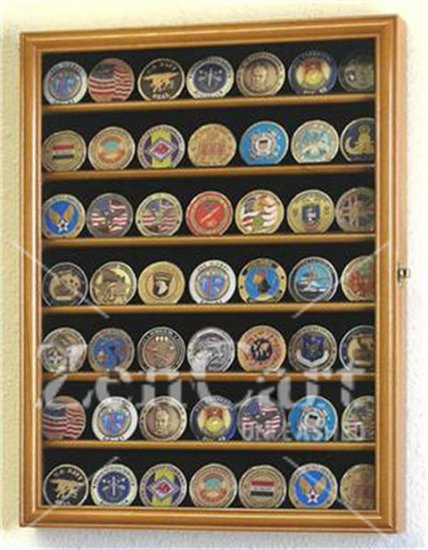 49 Challenge Coin Display Case Cabinet Oak - Click Image to Close