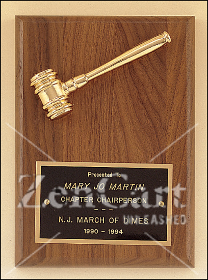 5" x 7" American walnut plaque with a goldtone metal gavel - Click Image to Close